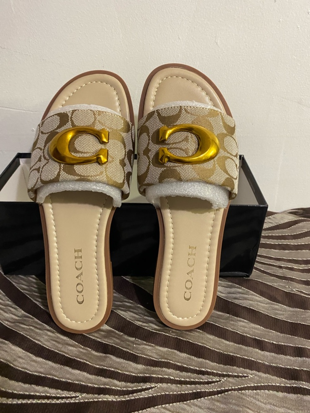 Coach Beige Signature Canvas Slide Mules with Gold 'C' Hardware - Picture 2 of 5